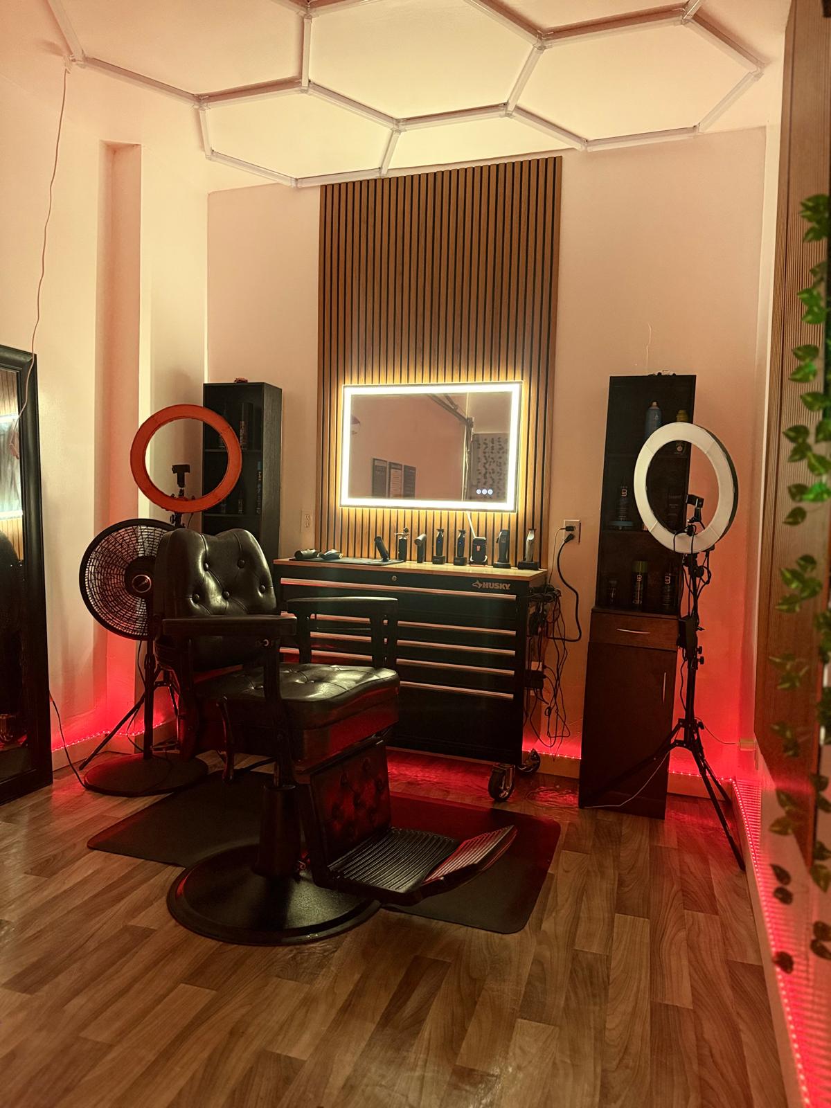 Barber station with warm lighting